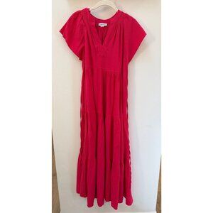 Calvin Klein Womens Flutter Sleeve Tiered Maxi Dress Hot Pink V-Neck Tie-Back De